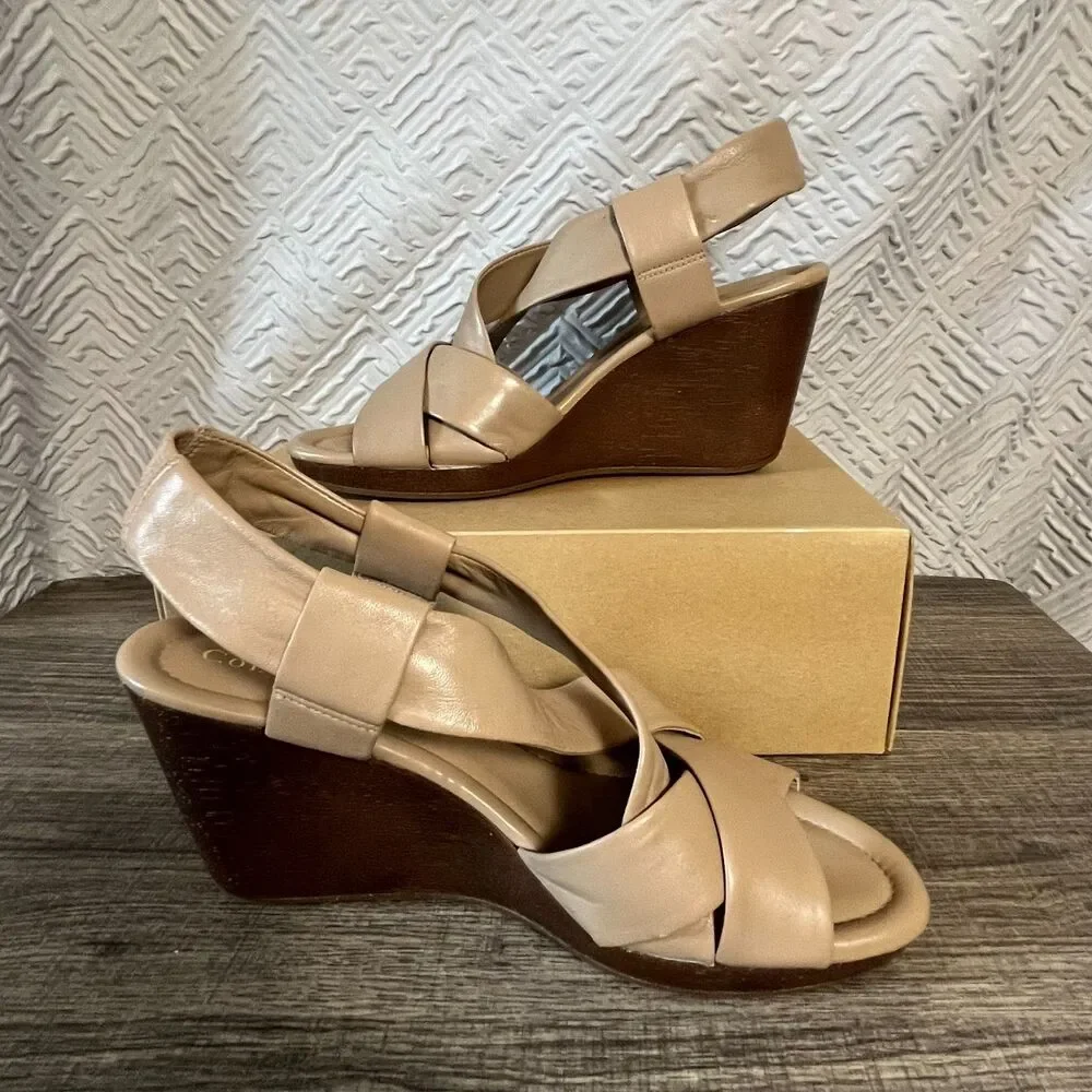 Cole Haan Air Dinah Wedge Sandals Size 8B  Cove Nappa Tan D37477 Collab Heels